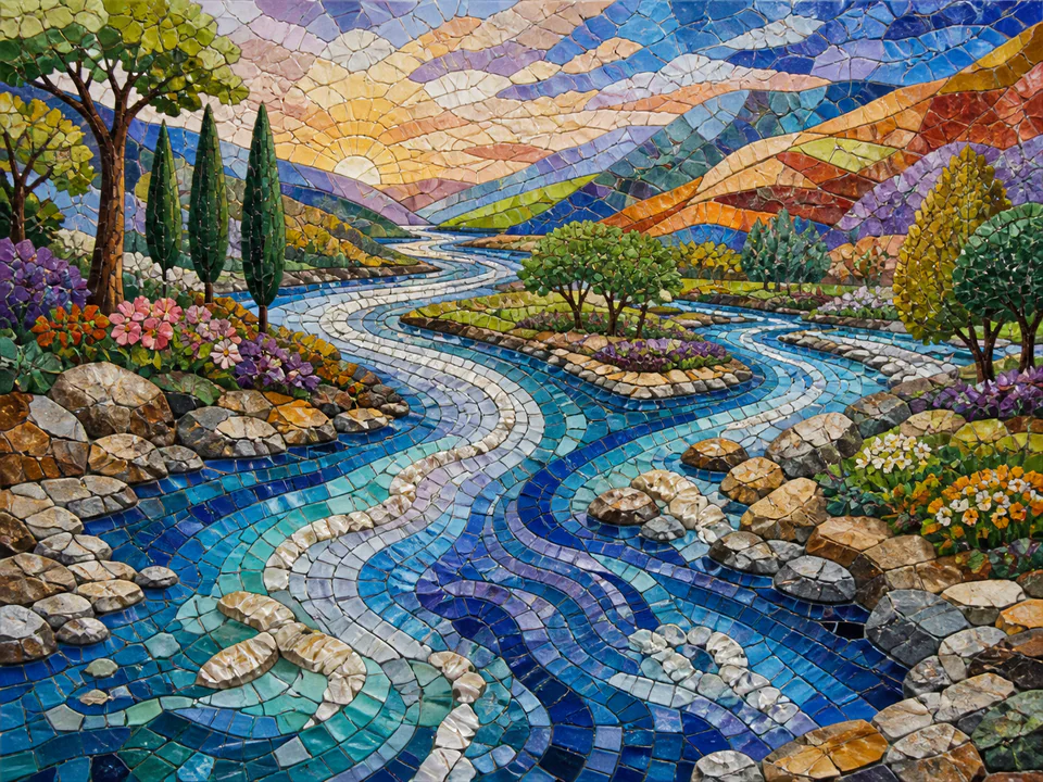 Prismatic Mosaic River, an illustrated abstract worlds jigsaw puzzle scene
