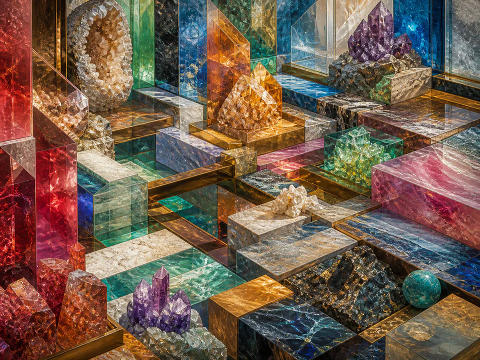 Kaleidoscopic Crystal Grid, an illustrated abstract worlds jigsaw puzzle scene