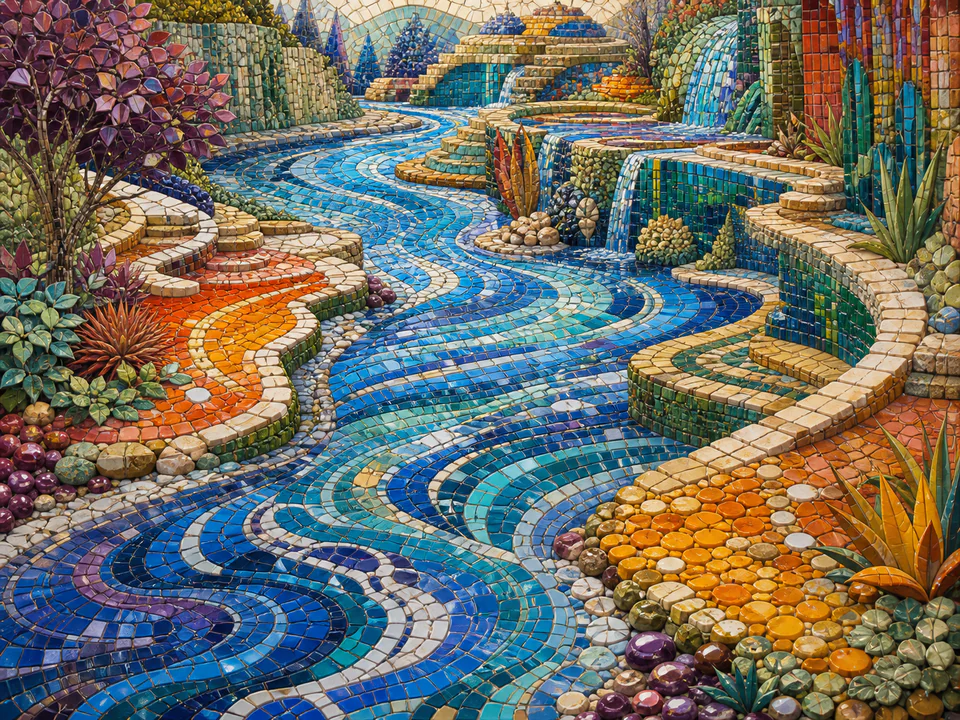 Kaleidoscopic Mosaic River, an illustrated abstract worlds jigsaw puzzle scene