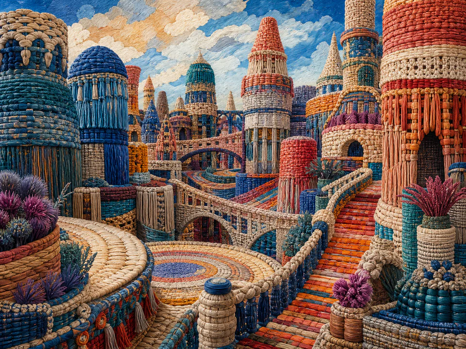 Woven Pattern City, an illustrated abstract worlds jigsaw puzzle scene
