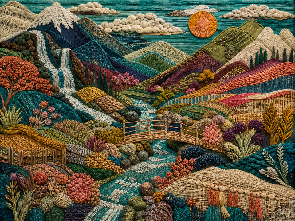Woven Textile Landscape, an illustrated abstract worlds jigsaw puzzle scene