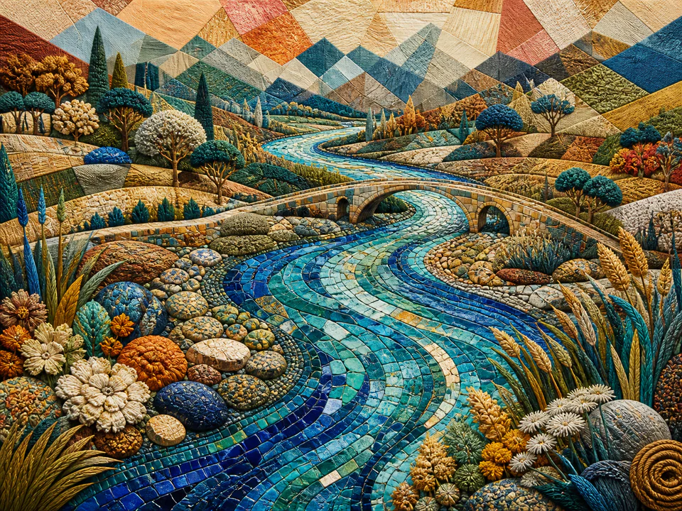 Woven Mosaic River, an illustrated abstract worlds jigsaw puzzle scene