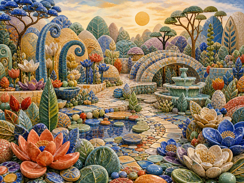 Ceramic Colour Garden, an illustrated abstract worlds jigsaw puzzle scene