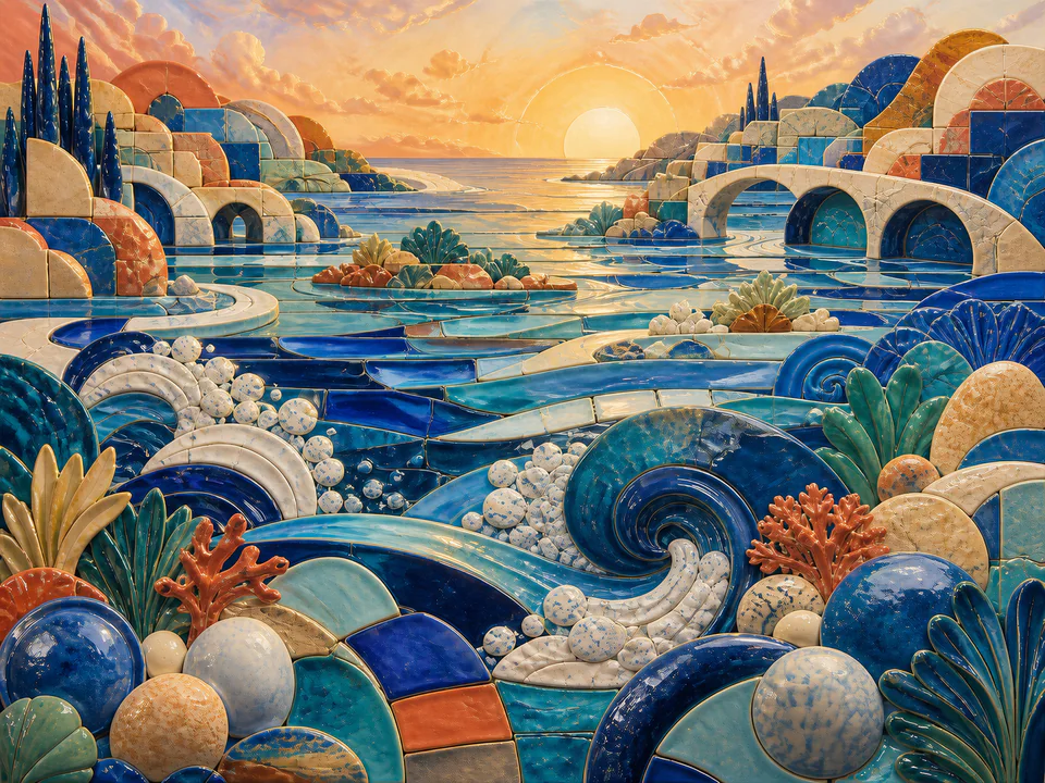 Ceramic Geometric Tide, an illustrated abstract worlds jigsaw puzzle scene