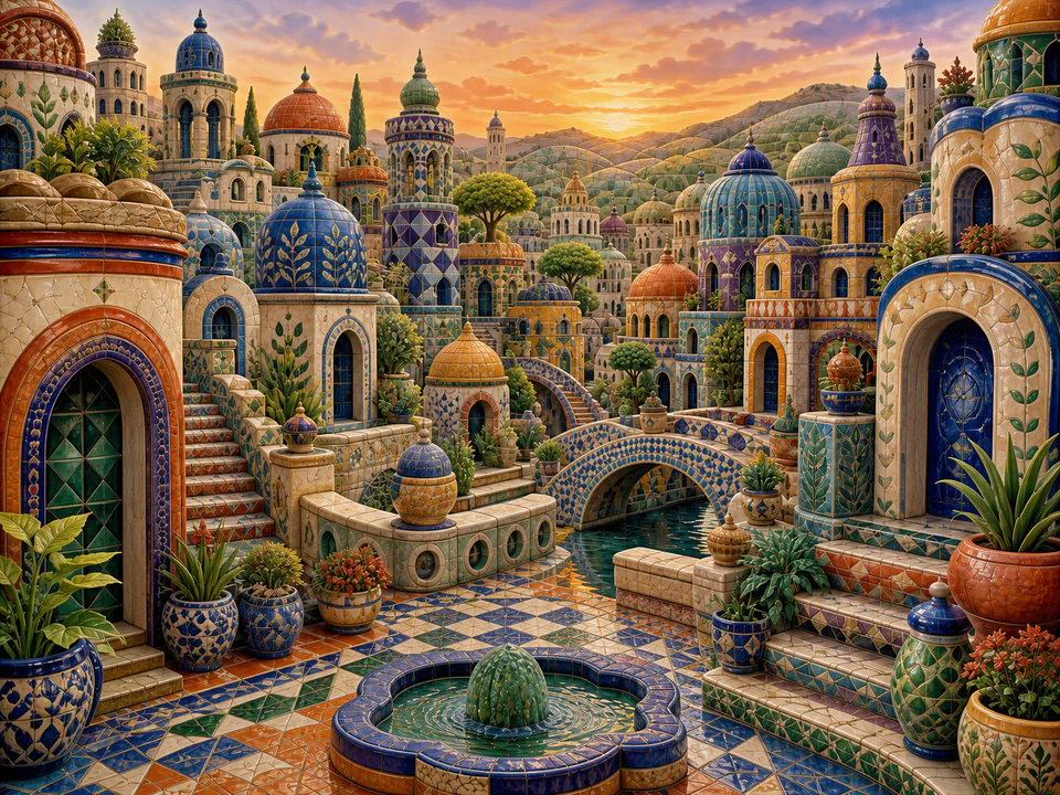 Ceramic Pattern City, an illustrated abstract worlds jigsaw puzzle scene