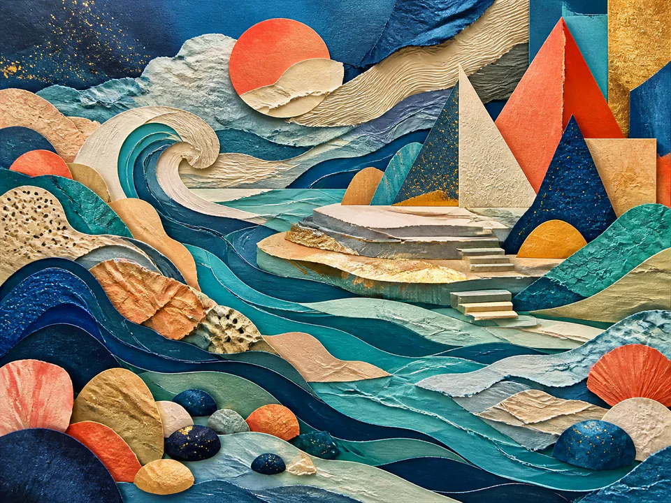 Paper Geometric Tide, an illustrated abstract worlds jigsaw puzzle scene