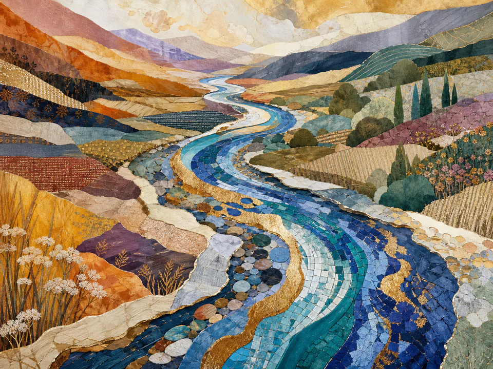 Paper Mosaic River, an illustrated abstract worlds jigsaw puzzle scene