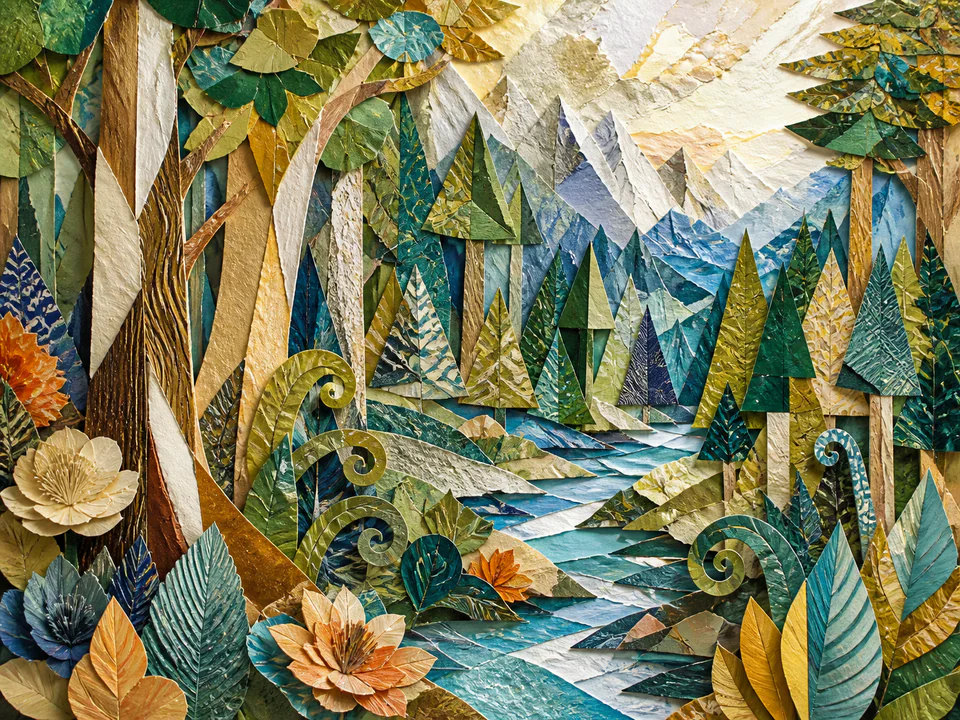 Mosaic Paper Forest, an illustrated abstract worlds jigsaw puzzle scene