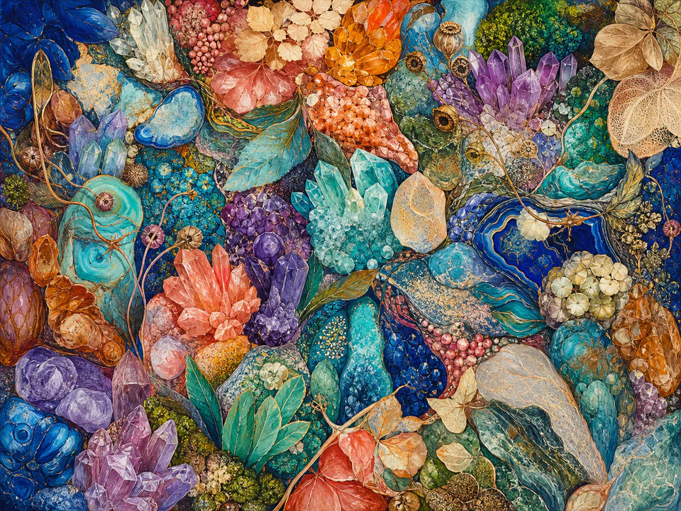 Botanical Crystal Grid, an illustrated abstract worlds jigsaw puzzle scene