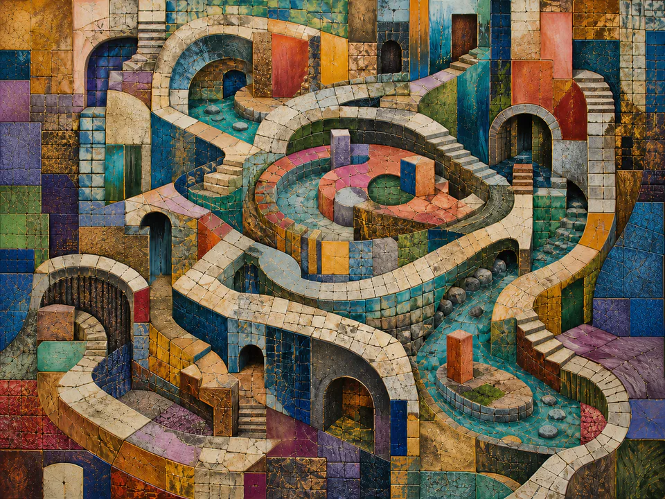 Neon Painted Labyrinth, an illustrated abstract worlds jigsaw puzzle scene