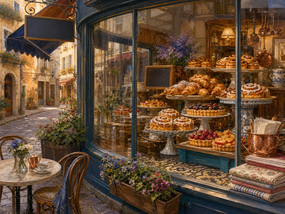 Cinnamon Pastry Window, an illustrated cafés & kitchens jigsaw puzzle scene