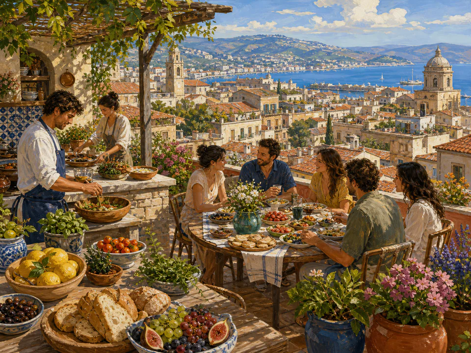 Morning Rooftop Supper, an illustrated cafés & kitchens jigsaw puzzle scene