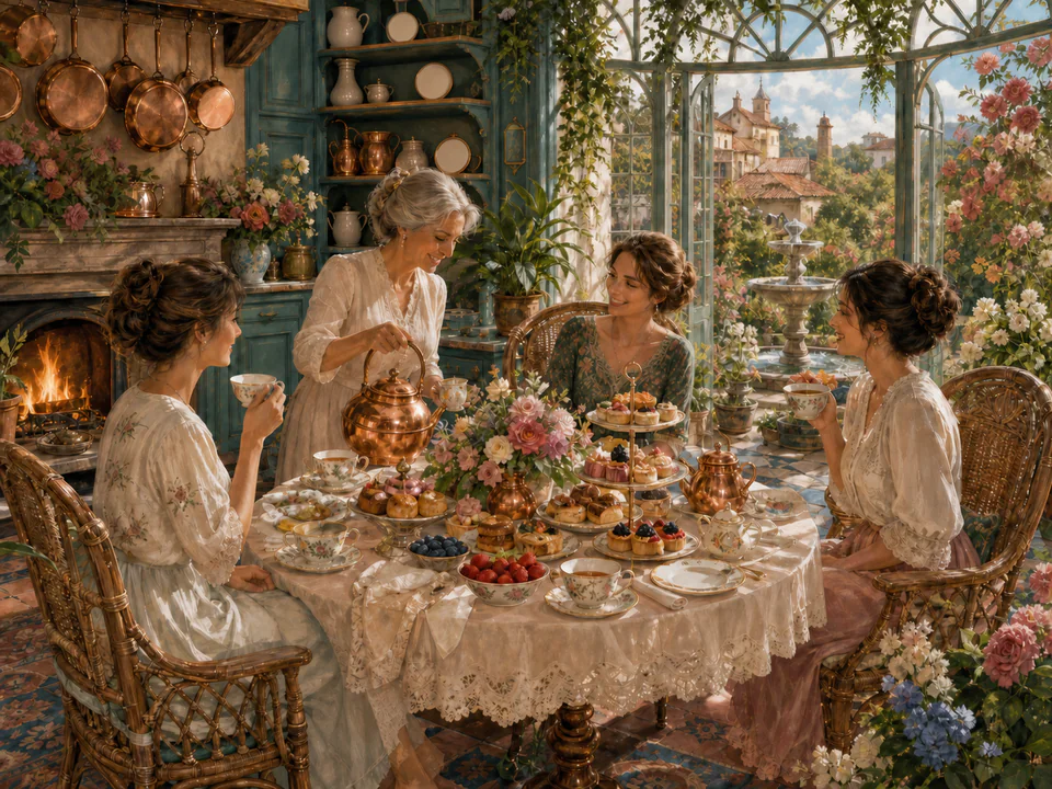 Copper Tea Table, an illustrated cafés & kitchens jigsaw puzzle scene