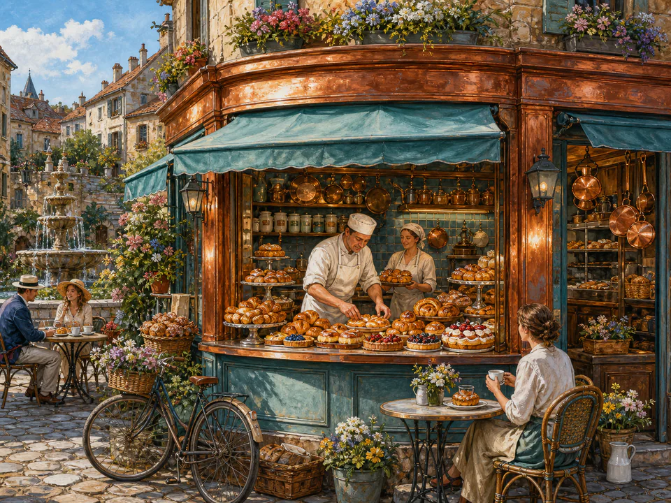 Copper Pastry Window, an illustrated cafés & kitchens jigsaw puzzle scene