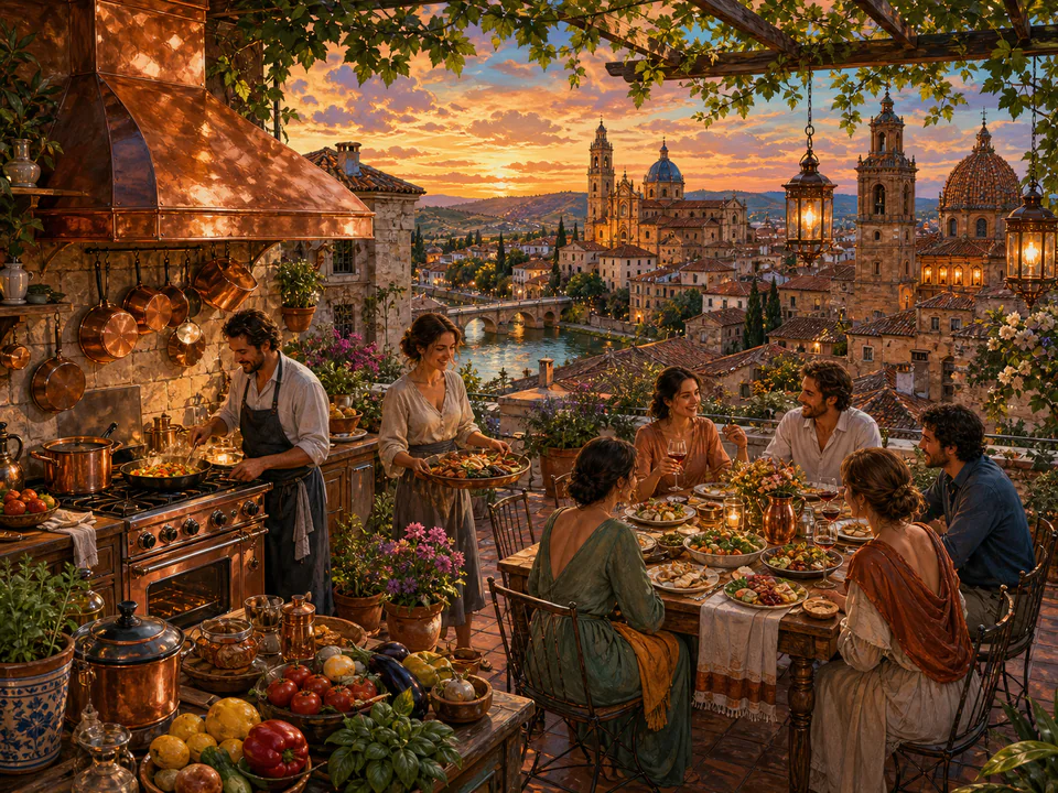 Copper Rooftop Supper, an illustrated cafés & kitchens jigsaw puzzle scene