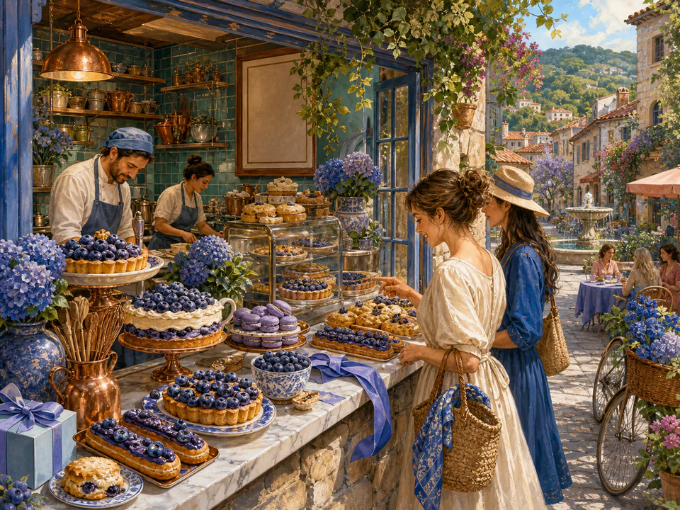 Blueberry Pastry Window, an illustrated cafés & kitchens jigsaw puzzle scene