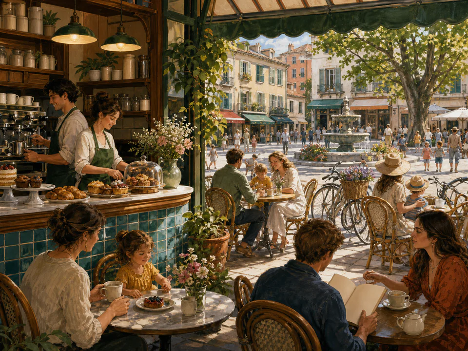 Sunday Corner Café, an illustrated cafés & kitchens jigsaw puzzle scene