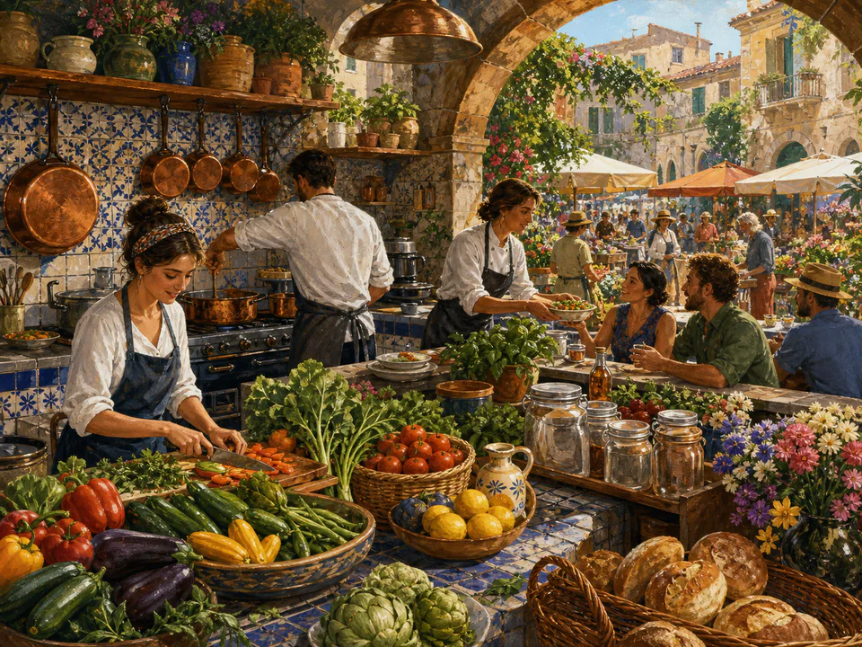 Sunday Market Kitchen, an illustrated cafés & kitchens jigsaw puzzle scene
