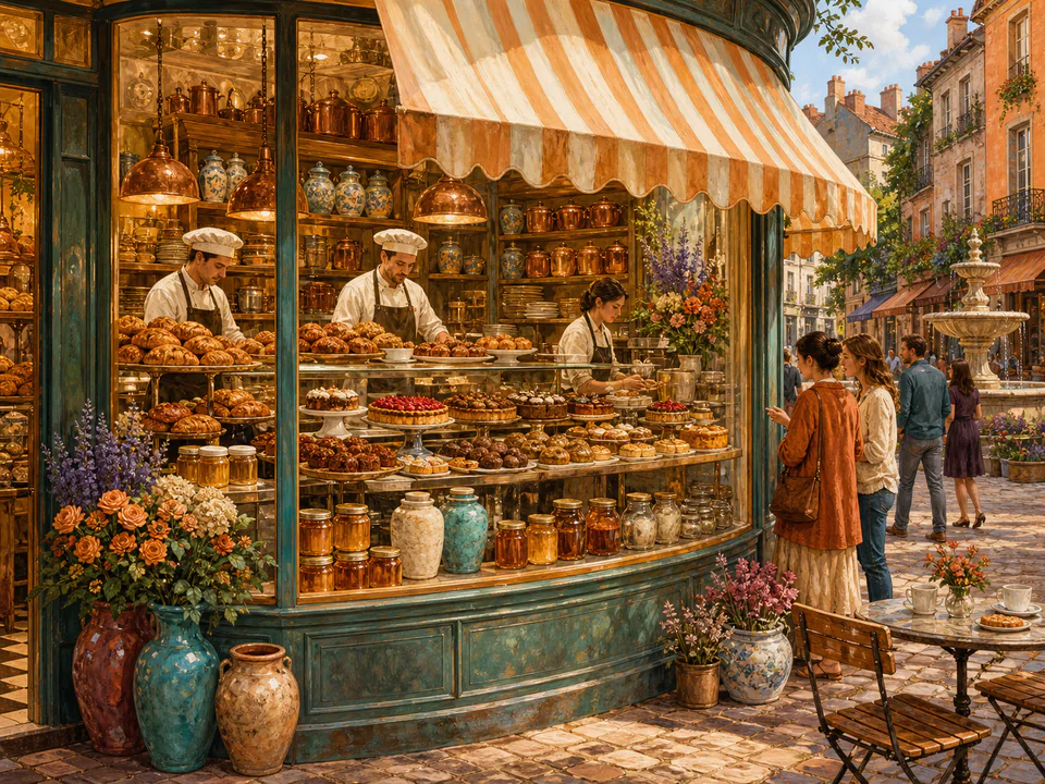 Honey Pastry Window, an illustrated cafés & kitchens jigsaw puzzle scene