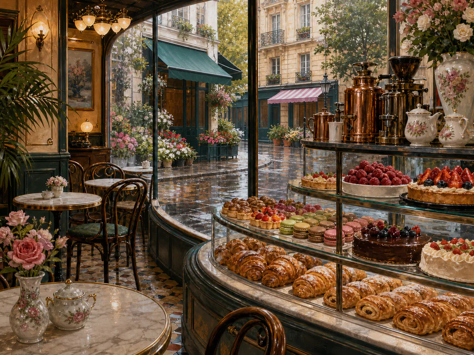 Bistro Pastry Window, an illustrated cafés & kitchens jigsaw puzzle scene