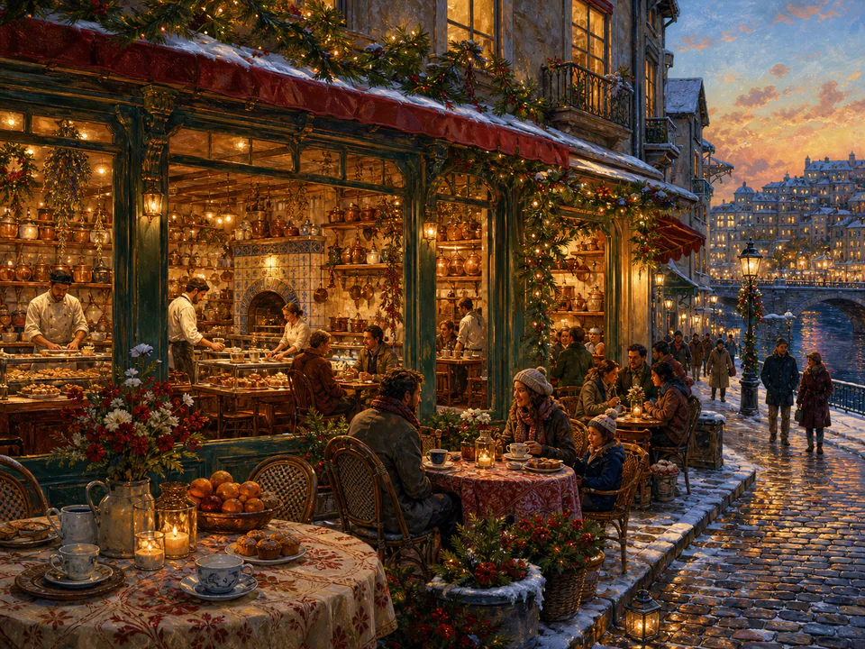 Festive Corner Café, an illustrated cafés & kitchens jigsaw puzzle scene