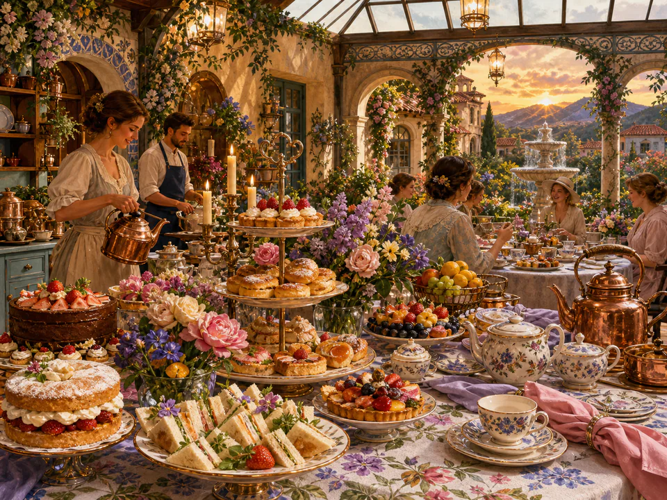 Festive Tea Table, an illustrated cafés & kitchens jigsaw puzzle scene