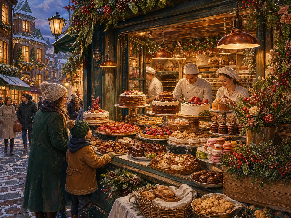 Festive Pastry Window, an illustrated cafés & kitchens jigsaw puzzle scene
