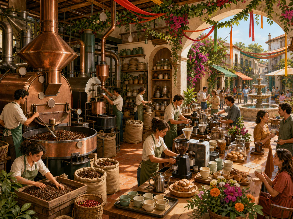 Festive Coffee Roastery, an illustrated cafés & kitchens jigsaw puzzle scene