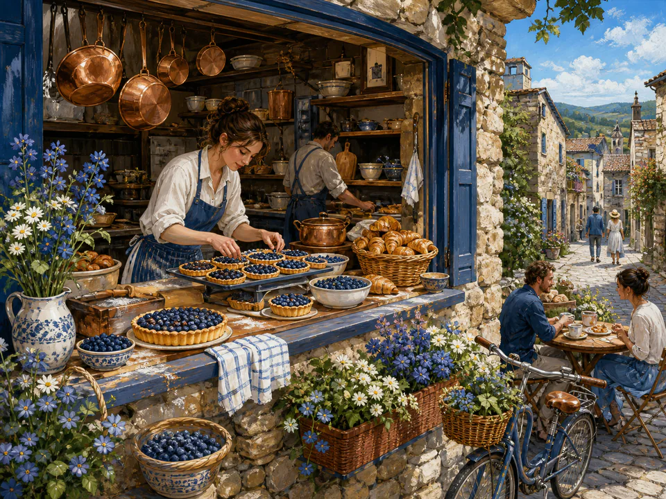 Garden Pastry Window, an illustrated cafés & kitchens jigsaw puzzle scene