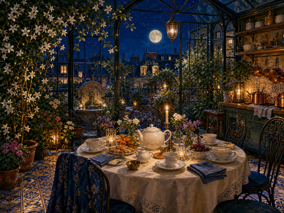 Midnight Tea Table, an illustrated cafés & kitchens jigsaw puzzle scene