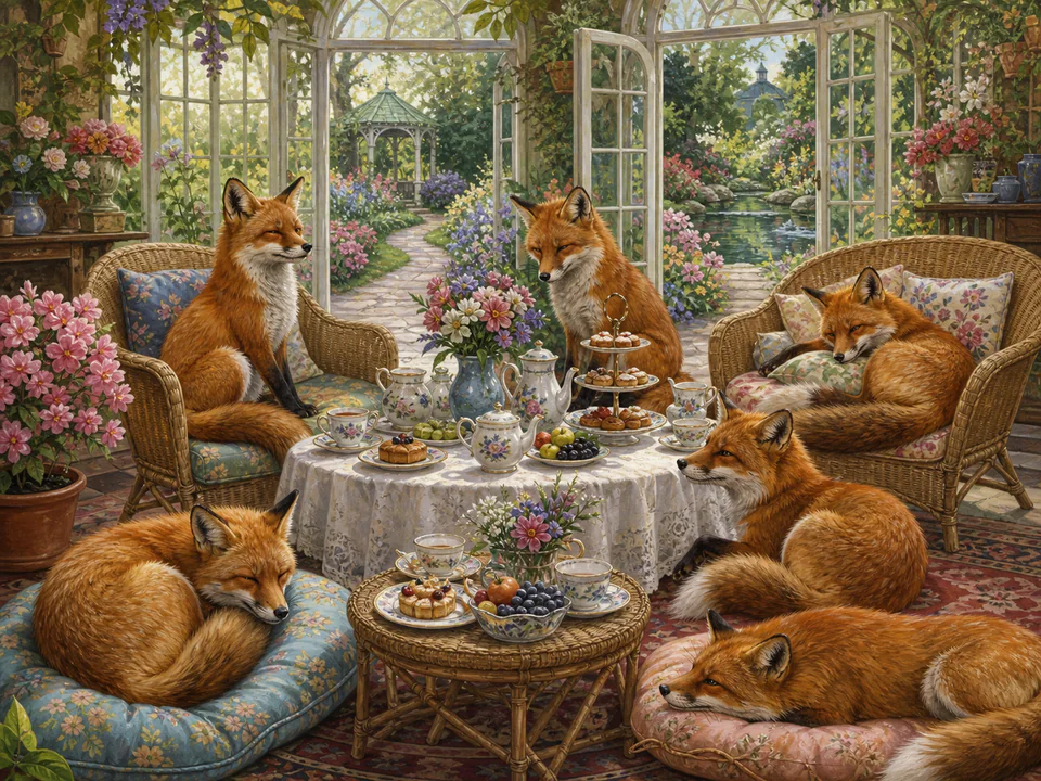 Sleepy Fox Tea Party, an illustrated cats & animals jigsaw puzzle scene