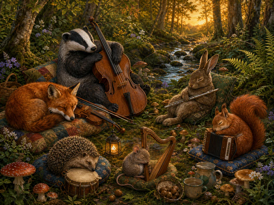 Sleepy Woodland Musicians, an illustrated cats & animals jigsaw puzzle scene