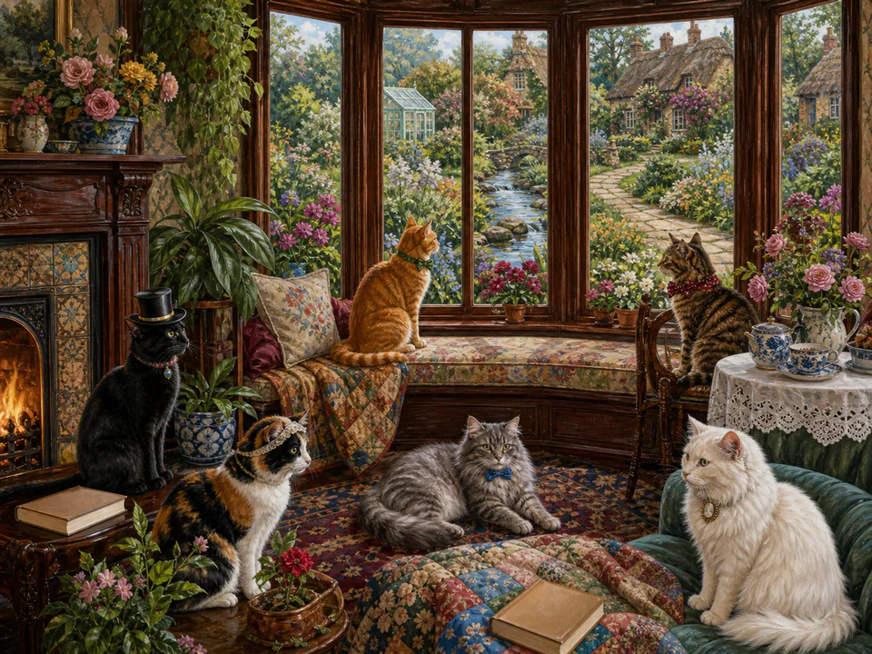 Dapper Cats by the Window, an illustrated cats & animals jigsaw puzzle scene