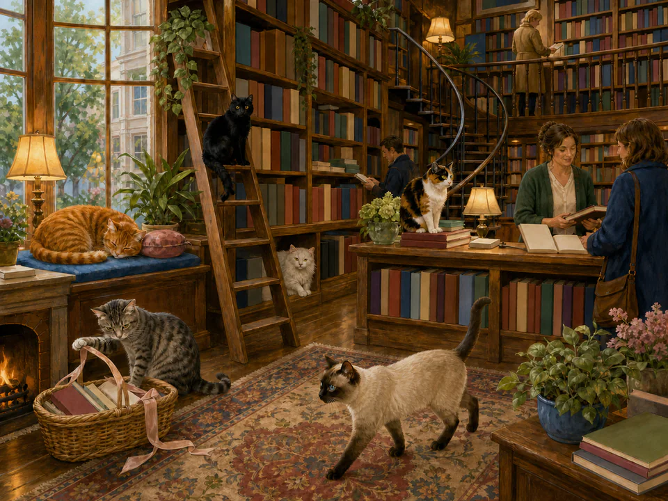 Playful Cats in a Bookshop, an illustrated cats & animals jigsaw puzzle scene