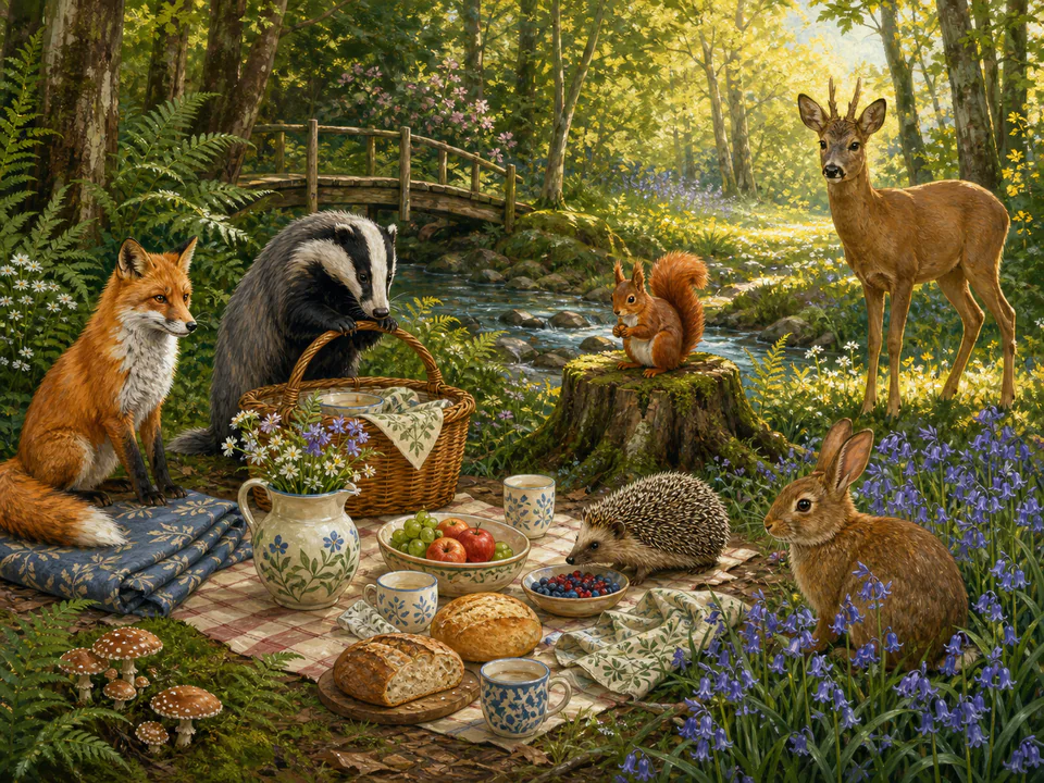 Playful Forest Picnic, an illustrated cats & animals jigsaw puzzle scene