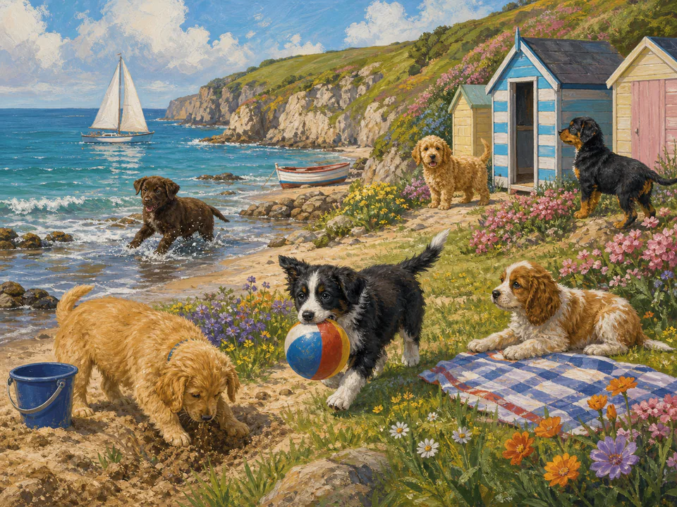 Playful Seaside Puppies, an illustrated cats & animals jigsaw puzzle scene