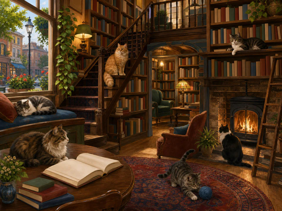 Gentle Cats in a Bookshop, an illustrated cats & animals jigsaw puzzle scene
