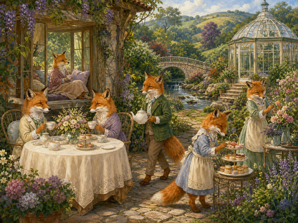 Gentle Fox Tea Party, an illustrated cats & animals jigsaw puzzle scene