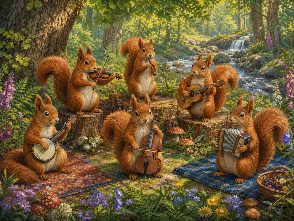 Gentle Woodland Musicians, an illustrated cats & animals jigsaw puzzle scene