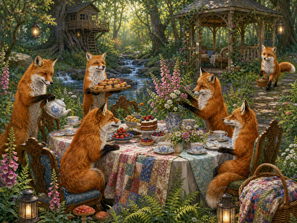 Whiskered Fox Tea Party, an illustrated cats & animals jigsaw puzzle scene