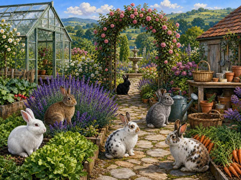 Whiskered Garden Rabbits, an illustrated cats & animals jigsaw puzzle scene