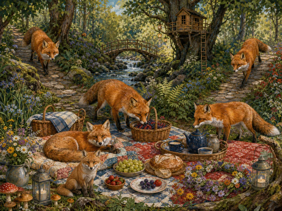 Whiskered Forest Picnic, an illustrated cats & animals jigsaw puzzle scene