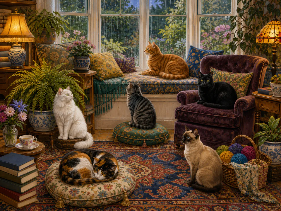 Whiskered Cats by the Window, an illustrated cats & animals jigsaw puzzle scene