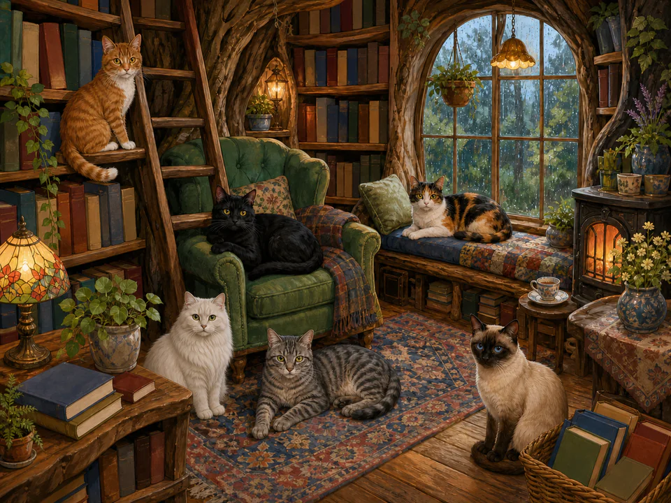 Woodland Cats in a Bookshop, an illustrated cats & animals jigsaw puzzle scene