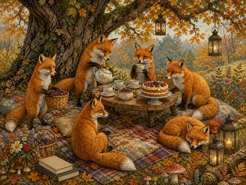 Woodland Fox Tea Party, an illustrated cats & animals jigsaw puzzle scene