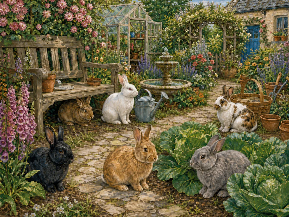 Woodland Garden Rabbits, an illustrated cats & animals jigsaw puzzle scene