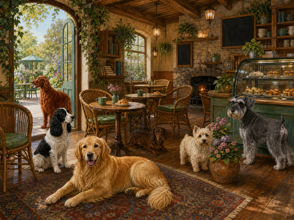 Woodland Dogs at the Café, an illustrated cats & animals jigsaw puzzle scene