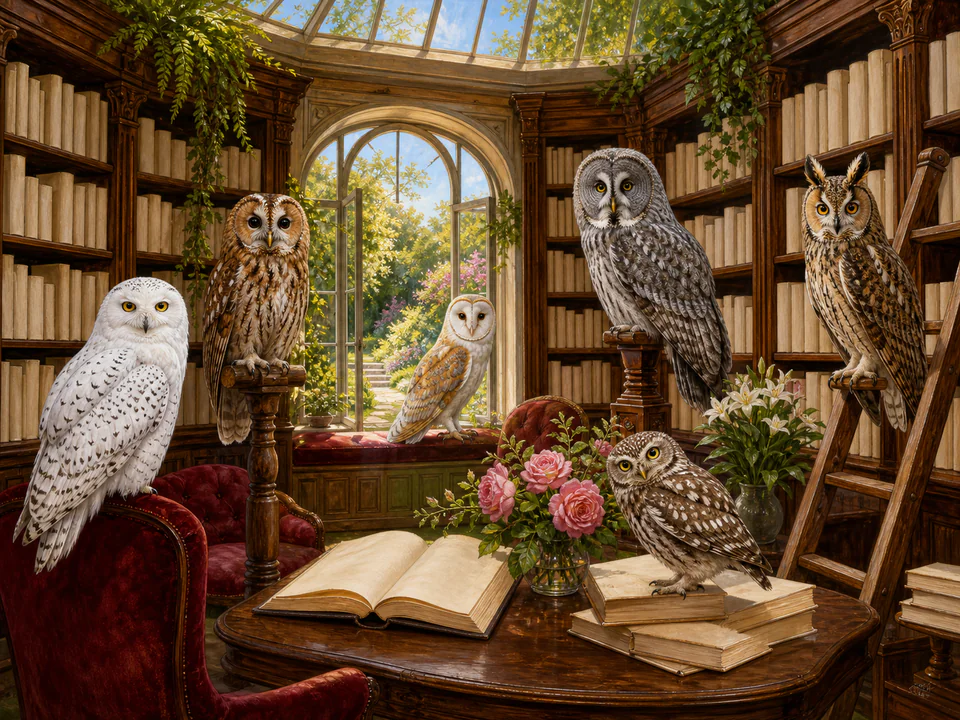 Sunny Owls in the Library, an illustrated cats & animals jigsaw puzzle scene