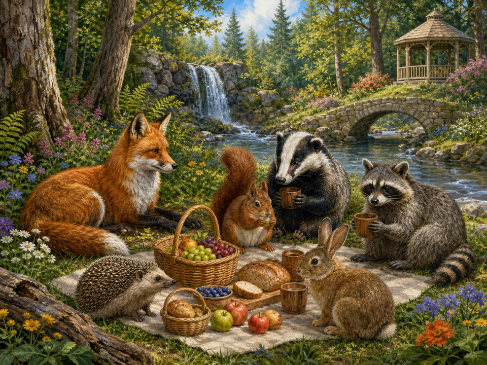 Sunny Forest Picnic, an illustrated cats & animals jigsaw puzzle scene