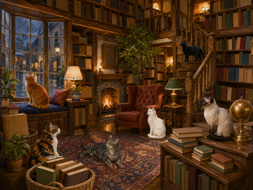 Festive Cats in a Bookshop, an illustrated cats & animals jigsaw puzzle scene